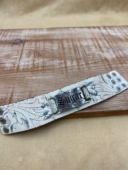 Sugar Stamped Boho White Leather Cuff Bracelet