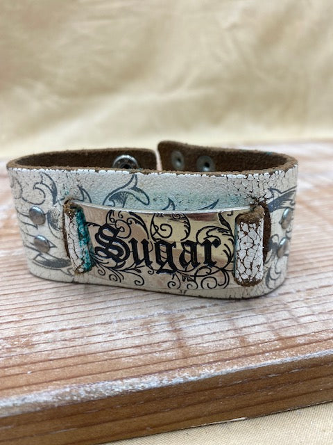 Sugar Stamped Boho White Leather Cuff Bracelet