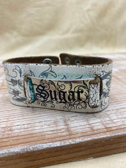 Sugar Stamped Boho White Leather Cuff Bracelet