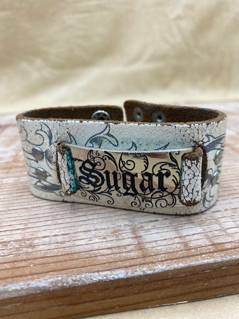 Sugar Stamped Boho White Leather Cuff Bracelet